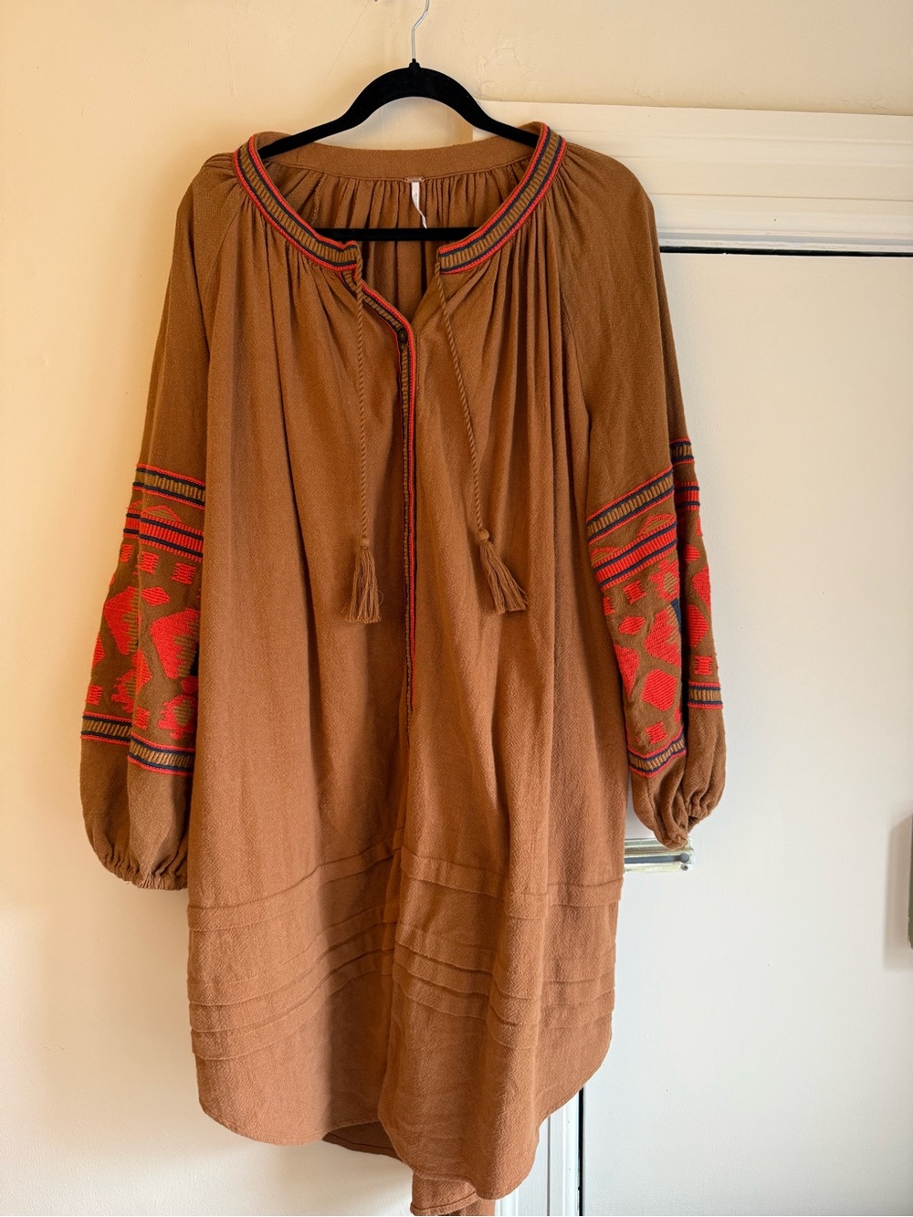 Free People Brown Mini Dress with Red Embroidered Sleeves